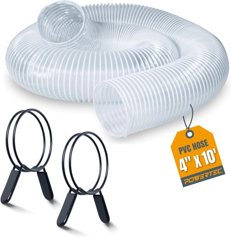 POWERTEC خرطوم جمع الغبار مرن PVC 4" × 10' مع مشابك خرطوم مزدوجة الحلقة 2 قطعة لجهاز جمع الغبار، منشار طاولة، منشار شريطي، آلة تخطيط، النجارة ومرآب، نظام جمع الغبار في ورشة العمل (70440) - Image 1